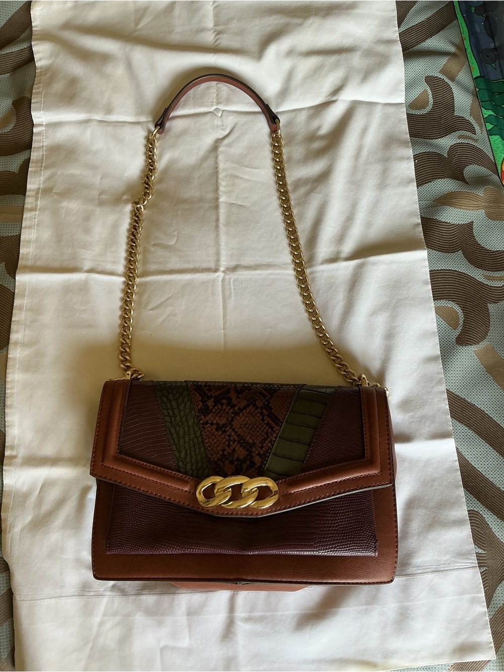 INC Tan, Burgundy and Dark Gray Chain Shoulder Bag